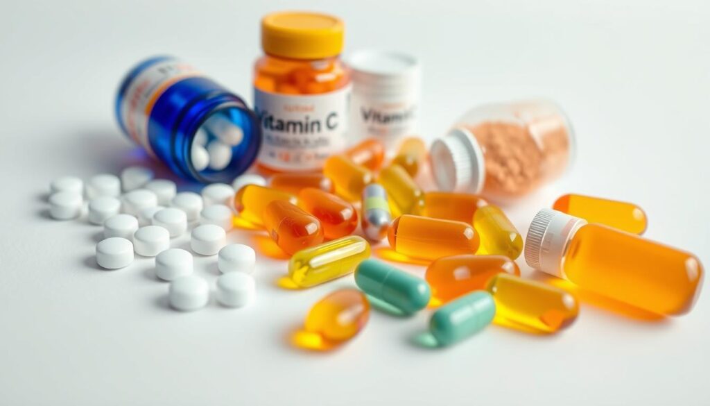 A beautifully lit, close-up photograph of various vitamin C supplements, including effervescent tablets, soft gels, and powder capsules, arranged on a clean, minimal white background. The supplements are displayed in a visually appealing and organized manner, highlighting their vibrant colors and shapes. The lighting is soft and diffused, creating a warm, natural ambiance that emphasizes the quality and purity of the products. The camera angle is slightly elevated, allowing the viewer to appreciate the detailed texture and sheen of the supplements. The overall composition is balanced, with a sense of harmony and simplicity that conveys the potential benefits of using vitamin C for acne treatment. A beautifully lit, close-up photograph of various vitamin C supplements, including effervescent tablets, soft gels, and powder capsules, arranged on a clean, minimal white background. The supplements are displayed in a visually appealing and organized manner, highlighting their vibrant colors and shapes. The lighting is soft and diffused, creating a warm, natural ambiance that emphasizes the quality and purity of the products. The camera angle is slightly elevated, allowing the viewer to appreciate the detailed texture and sheen of the supplements. The overall composition is balanced, with a sense of harmony and simplicity that conveys the potential benefits of using vitamin C for acne treatment.