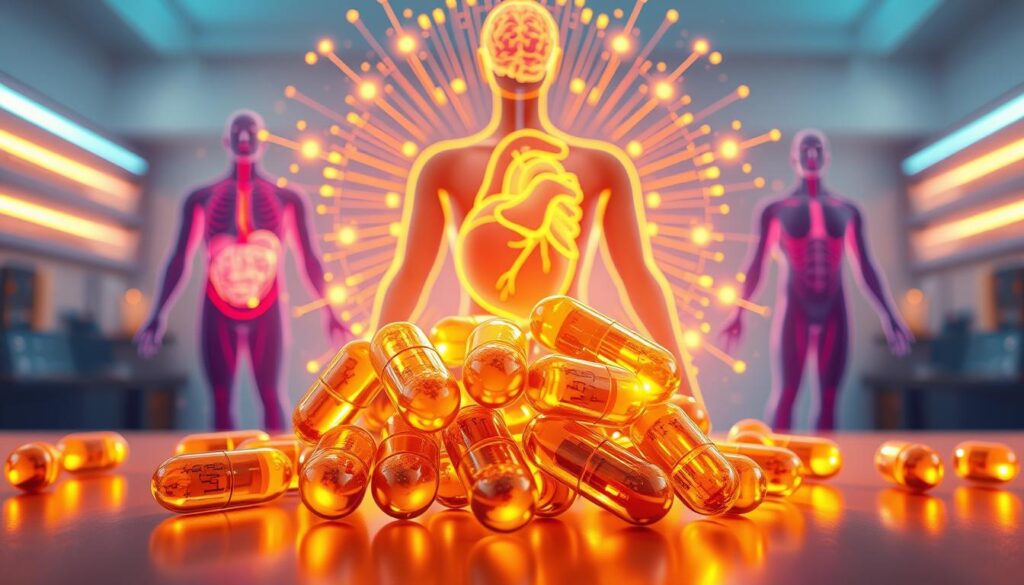 A vibrant, photorealistic illustration depicting the benefits of liposomal vitamins. In the foreground, a cluster of transparent, glowing capsules filled with a shimmering, golden liquid. Surrounding them, a radiant display of vital organs - a strong, healthy heart, a clear, glowing brain, and robust, energized muscles. In the background, a subtly-lit, minimalist laboratory setting, conveying the scientific expertise behind liposomal delivery. Soft, warm lighting bathes the scene, creating a sense of wellness and vitality. The overall composition emphasizes the enhanced bioavailability and therapeutic efficacy of liposomal vitamin supplements. A vibrant, photorealistic illustration depicting the benefits of liposomal vitamins. In the foreground, a cluster of transparent, glowing capsules filled with a shimmering, golden liquid. Surrounding them, a radiant display of vital organs - a strong, healthy heart, a clear, glowing brain, and robust, energized muscles. In the background, a subtly-lit, minimalist laboratory setting, conveying the scientific expertise behind liposomal delivery. Soft, warm lighting bathes the scene, creating a sense of wellness and vitality. The overall composition emphasizes the enhanced bioavailability and therapeutic efficacy of liposomal vitamin supplements.